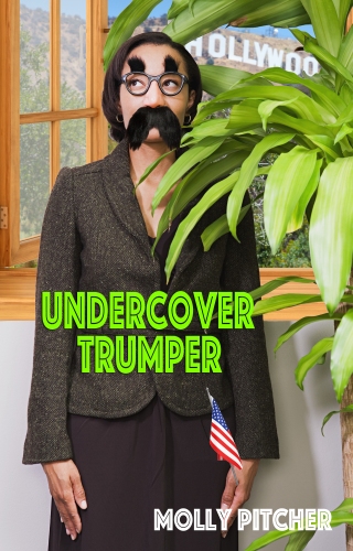 Businesswoman hiding behind plant wearing disguise